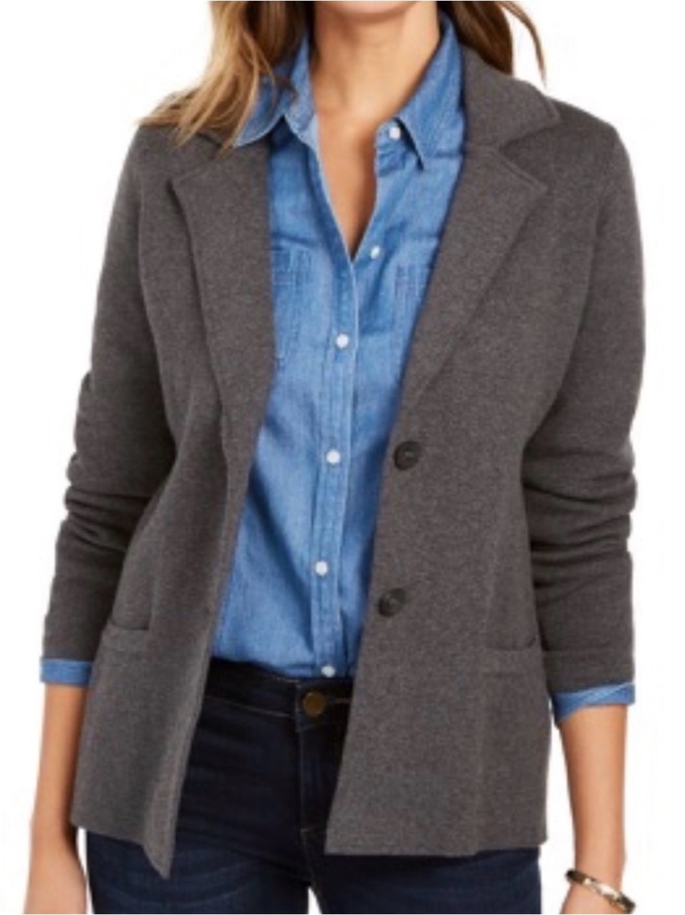 Women's Gray Knit Blazer Jacket - Classic Tailored Style Cashmere